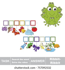 Educational puzzle game for kids. Find the hidden onomatopoeia word Ribbit-ribbit, the frog voice