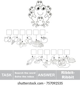 Educational puzzle game for kids. Find the hidden onomatopoeia word Ribbit-ribbit, the frog voice