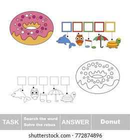 Educational puzzle game for kids. Find the hidden word Donut Sweet