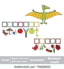 Educational puzzle game for kids. Find the hidden word Quetzalcoatl