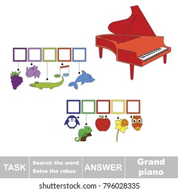 Educational puzzle game for kids. Find the hidden word Grand Piano