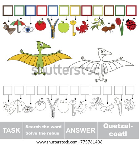 Educational puzzle game for kids. Find the hidden word Dinosaur Quetzalcoatl
