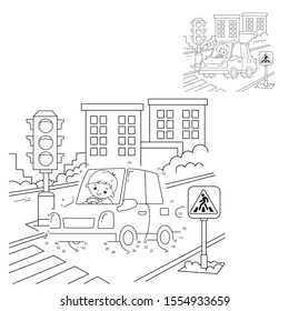 Educational Puzzle Game for kids: numbers game. Car.  Coloring Page Outline Of cartoon car with driver on road. Coloring book for children.