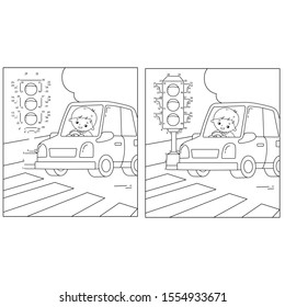 Educational Puzzle Game for kids: numbers game. Traffic light. Coloring Page Outline Of cartoon car with driver on road. Coloring book for children.