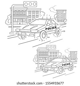 Educational Puzzle Game for kids: numbers game.Police car. Coloring Page Outline Of cartoon policeman with car. Coloring book for children.