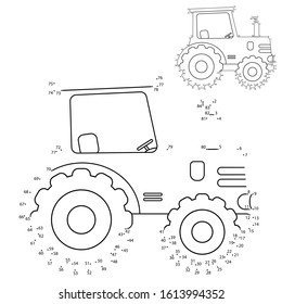 Educational Puzzle Game for kids: numbers game. Cartoon tractor. Transport. Coloring book for children.