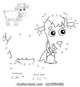 Educational Puzzle Game for kids: numbers game. Cartoon kid of goat with bell. Farm animals. Coloring book for children.