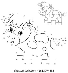 Educational Puzzle Game for kids: numbers game. Cartoon calf or kid of cow. Farm animals. Coloring book for children.