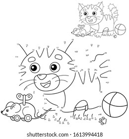 Educational Puzzle Game for kids: numbers game. Cartoon striped kitten. Pets. Coloring book for children.