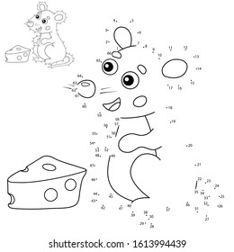 Educational Puzzle Game for kids: numbers game. Cartoon mouse with cheese. Animals. Coloring book for children.