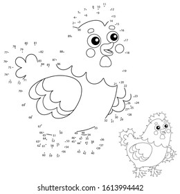 Educational Puzzle Game for kids: numbers game. Cartoon chicken or hen. Farm animals. Coloring book for children.