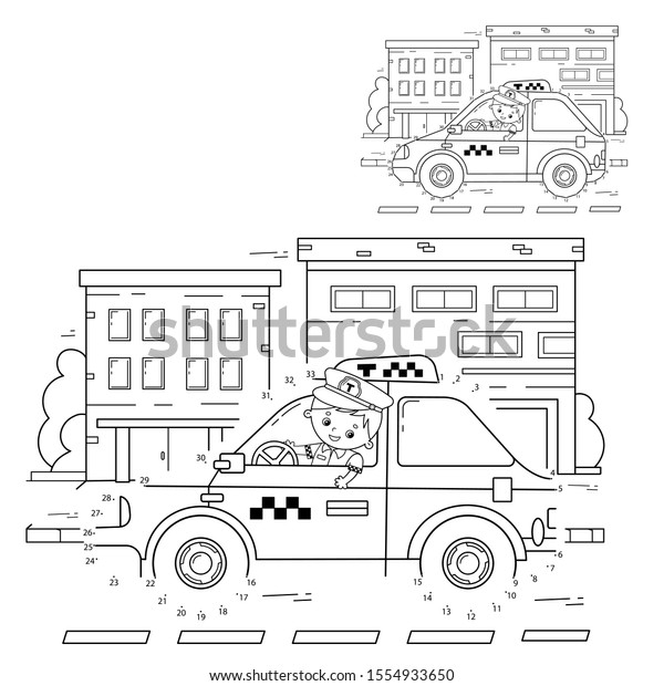 Educational Puzzle Game for kids: numbers game.\
Taxi. Coloring Page Outline Of cartoon taxi driver with car. \
Coloring book for\
children.