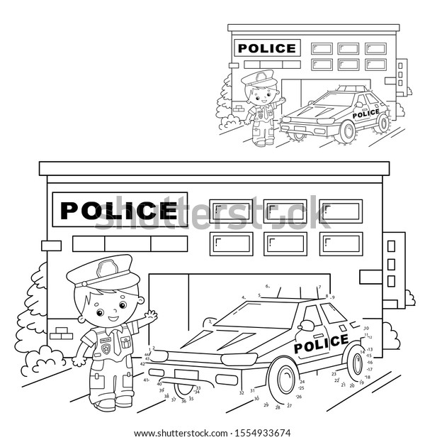 Educational Puzzle Game for kids: numbers\
game.Police car. Coloring Page Outline Of cartoon policeman with\
car. Coloring book for\
children.