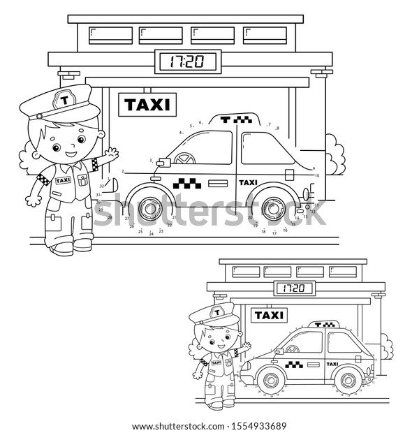 Educational Puzzle Game for kids: numbers game.\
Taxi. Coloring Page Outline Of cartoon taxi driver with car. \
Coloring book for\
children.