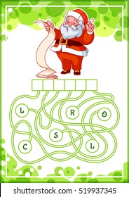 Educational puzzle game with Santa Claus. Find the hidden word. Cartoon vector illustration.