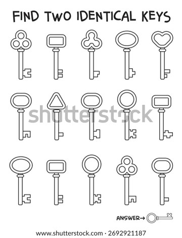 Educational puzzle for kids with different keys. Find two identical keys game for children. Logic and attention activity for preschool or elementary school students. Coloring book. Spot it