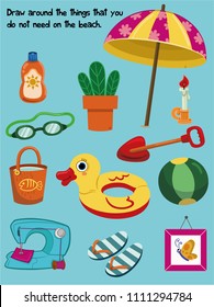 Educational quiz for kids with everyday and beach objects. Vector illustration. 