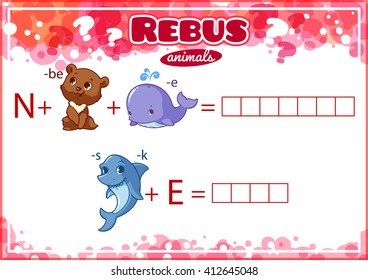 Educational rebus game for kids. Worksheet for class or at home with the kids. A4 size. Horizontal orientation.