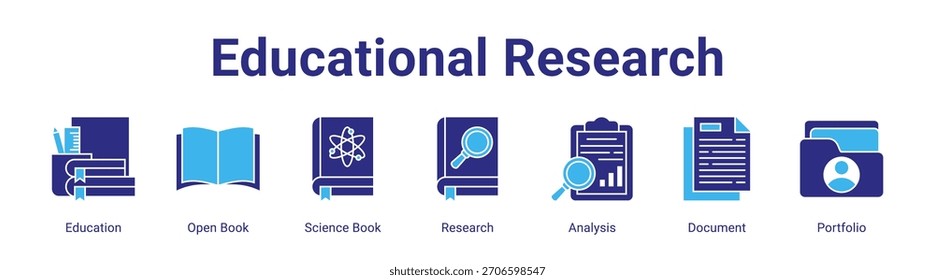Educational Research web banner icon vector illustration concept featuring Education,Open Book,Science Book,Research,Analysis,Document and Portfolio in a collection set.