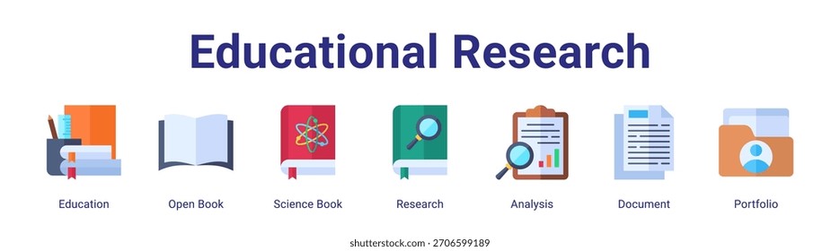 Educational Research web banner icon vector illustration concept featuring Education,Open Book,Science Book,Research,Analysis,Document and Portfolio in a collection set.