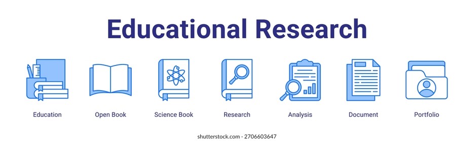 Educational Research web banner ícone vetor ilustração conceito com Educação, Livro Aberto, Livro de Ciência, Pesquisa, Análise, Documento e Portfólio em um conjunto de coleções.