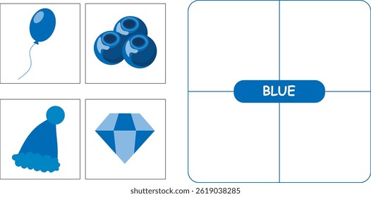 Educational resource for children. Learning blue color. Printable for children's games. Vector flat illustration