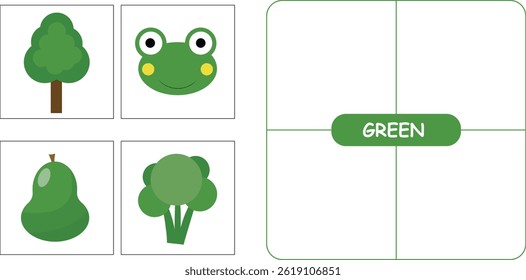 Educational resource for children. Learning green color. Printable for children's games. Vector flat illustration