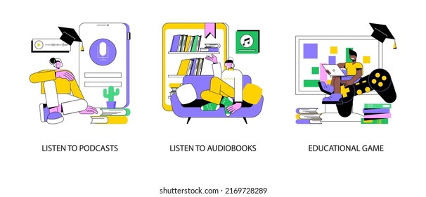 Conjunto de ilustraciones vectoriales del concepto abstracto de recursos educativos. Escucha podcasts y audiolibros, juego educativo, programa de radio, aplicación en línea, metáfora abstracta del sistema de aprendizaje gamificado.