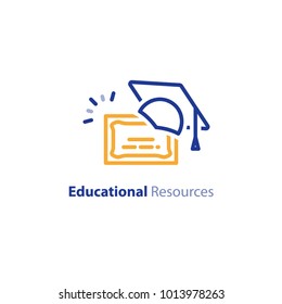 Educational resources concept, learning course, graduation hat and certificate, vector line icon