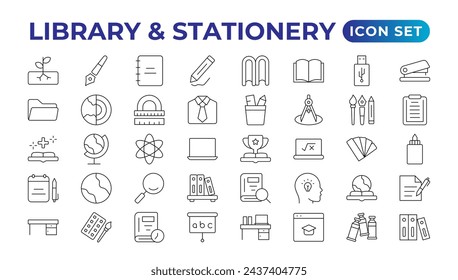 Educational Resources Line Icons set. Backpack, Book,  learning, school. Learning icon set. Contains study, graduation, student, knowledge, learning, school, and stationery icons.