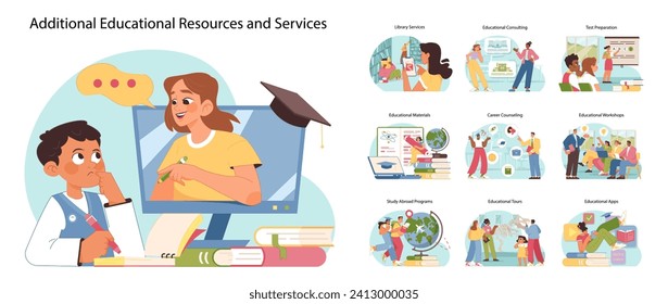 Recursos educativos. Personas de diversas edades que utilizan servicios y materiales educativos adicionales, como uso de bibliotecas, consultoría, preparación para pruebas y herramientas de estudio. Ilustración vectorial plana
