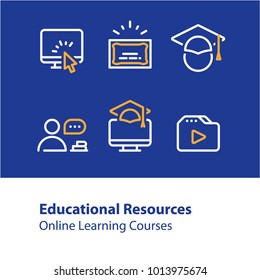 Educational resources vector line icon set, online learning courses, distant education, university degree, graduation hat, e-learning tutorials