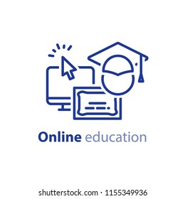 Educational resources vector line icon set, online learning courses, distant education, university degree, graduation hat, e-learning tutorials