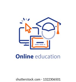 Educational resources vector line icon set, online learning courses, distant education, university degree, graduation hat, e-learning tutorials