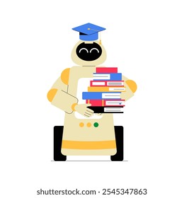 Educational Robot Holding Stack Of Books In Flat Vector Illustration Symbolizing AI In Education, Learning Assistance, And Knowledge Sharing, Isolated On White Background.