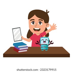 Robótica educativa, niña pequeña feliz de construir un robot. ilustración vectorial.