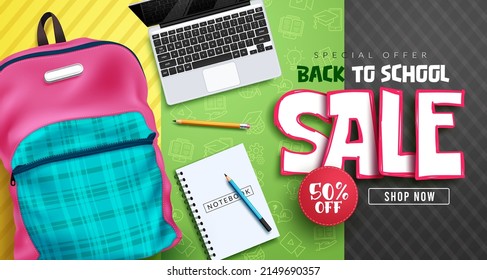 Educational sale vector banner design. Back to school sale text with backpack bag and laptop elements for special offer education shopping promotion advertisement. Vector illustration.
