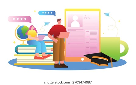 Una escena educativa que representa a los estudiantes participando en el aprendizaje en línea y utilizando herramientas creativas en una atmósfera de colaboración.