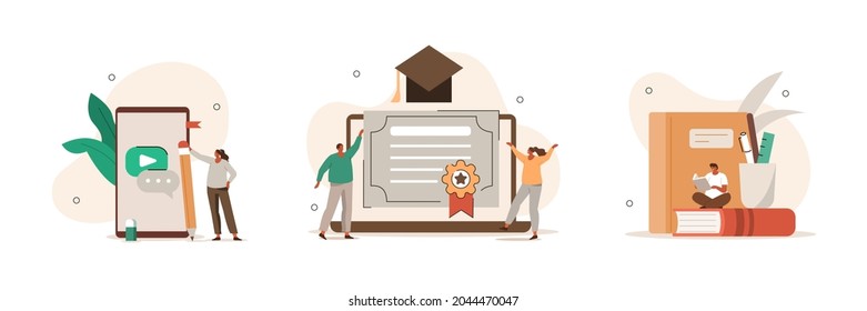 Educational scenes. Characters reading learning books, studying online on mobile phone and receiving graduation diploma. Online education concept. Flat cartoon vector illustration and icons set.