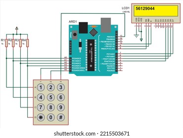 Educational  scheme of processing keyboard keystrokes and displaying
information on an alphanumeric LCD display. Vector drawing 
showing the printed 
circuit board, keyboard and display