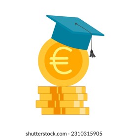 Educational scholarship concept vector illustration on white background. Euro coin and graduation hat in flat design.