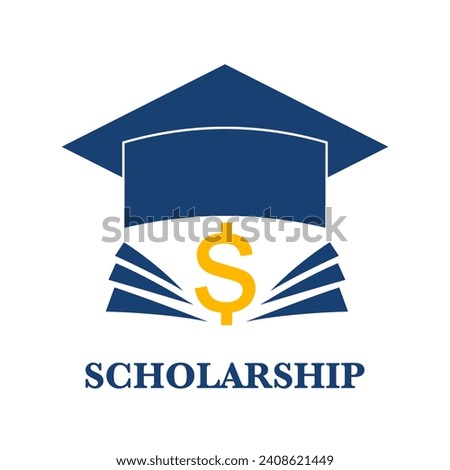 Educational scholarship logo concept vector illustration on white background. Books, dollar symbol and graduation hat in flat design.