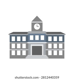Educational school building with clock tower and central entrance. Symmetrical three-story building in blue and gray tones featuring a central clock tower and prominent windows. Ideal for educational materials or city infrastructure presentations.
