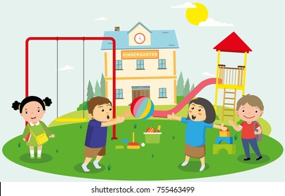 Educational School Kids Playing In Playground In School 