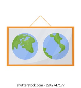 Educational school poster with earth hemispheres for geography lesson class. Classroom or kindergarten interior item vector illustration. Furniture for study room in kindergarten