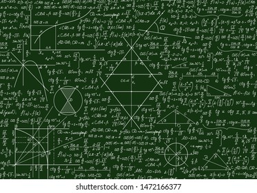 Educational school vector seamless pattern with math formulas, handwritten  on the green chalkboard