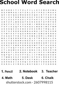 Educational School Word Search Puzzle Pencil, Notebook, Teacher, Math, Desk, Chalk