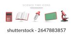 Educational Science Icons Including Calculator, Open Book, Dropper, Blackboard, And Microscope In Colorful 3D Style. Perfect For School Subjects And Classroom Use. Vector Illustration.