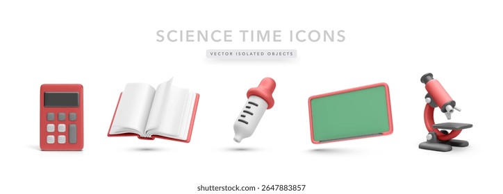 Educational Science Icons Including Calculator, Open Book, Dropper, Blackboard, And Microscope In Colorful 3D Style. Perfect For School Subjects And Classroom Use. Vector Illustration.