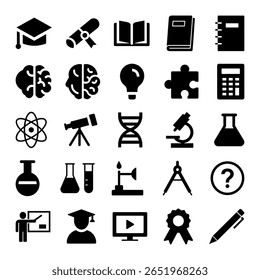Ciência educacional e conjunto de ícones de aprendizagem - símbolos vetoriais pretos mínimos, incluindo tampa de graduação, livros, ferramentas de laboratório, cérebro, calculadora, átomo, microscópio, educação on-line
